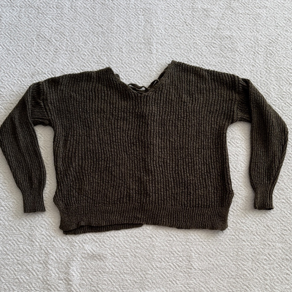 Sweet Wanderer olive Green Lace-Up Back Ribbed Sweater Sz M - Picture 5 of 5